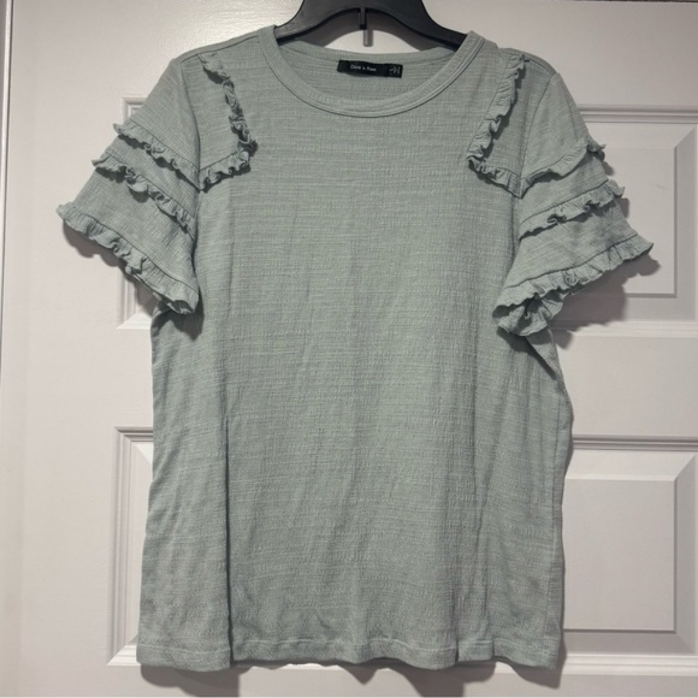 Sage Green Ruffle Sleeve Top – Soft Ribbed Summer Blouse Sz M C31 - Picture 3 of 5